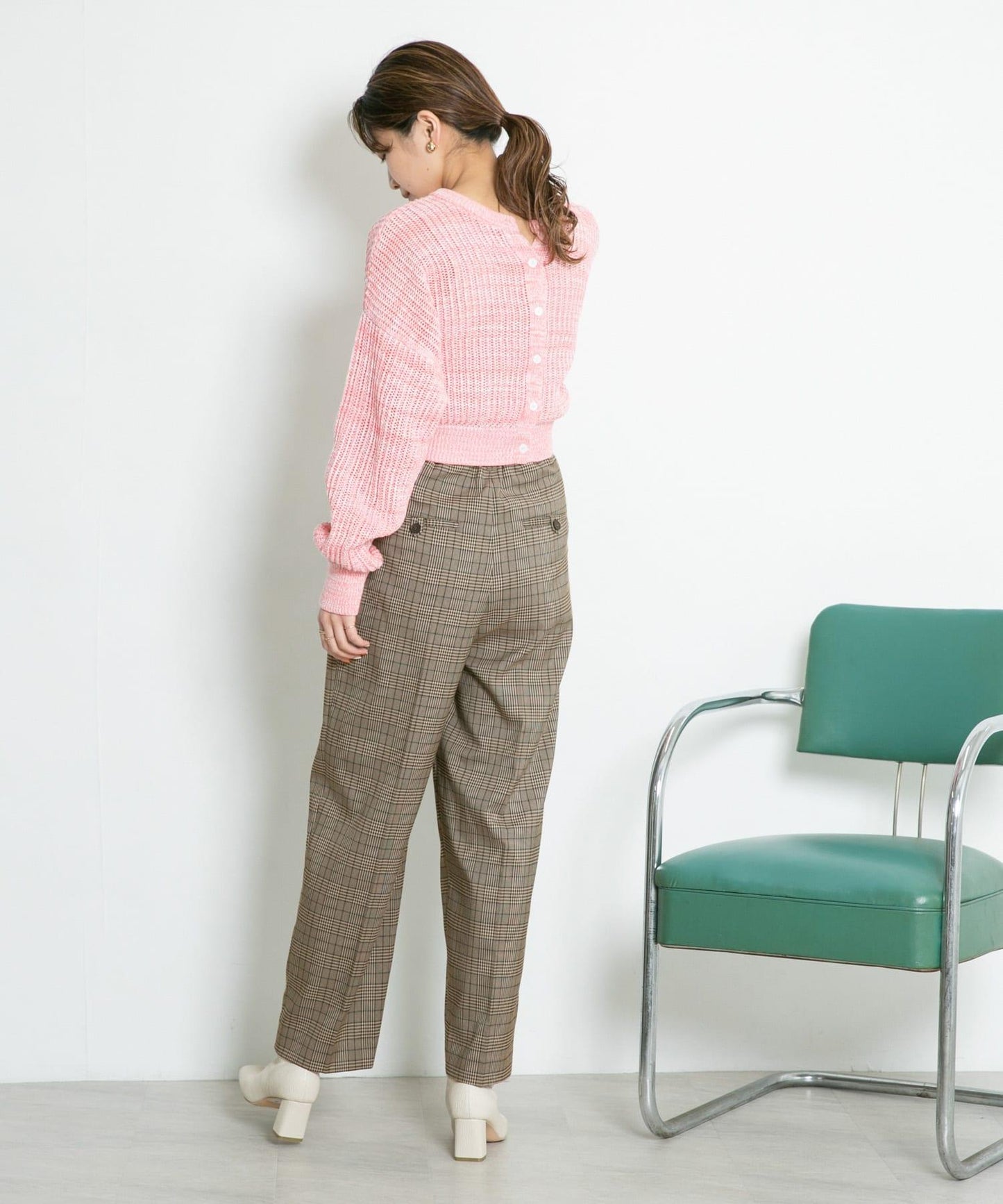 中線壓褶寬鬆格紋長褲