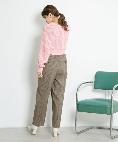 中線壓褶寬鬆格紋長褲