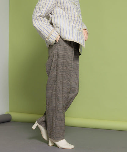 中線壓褶寬鬆格紋長褲