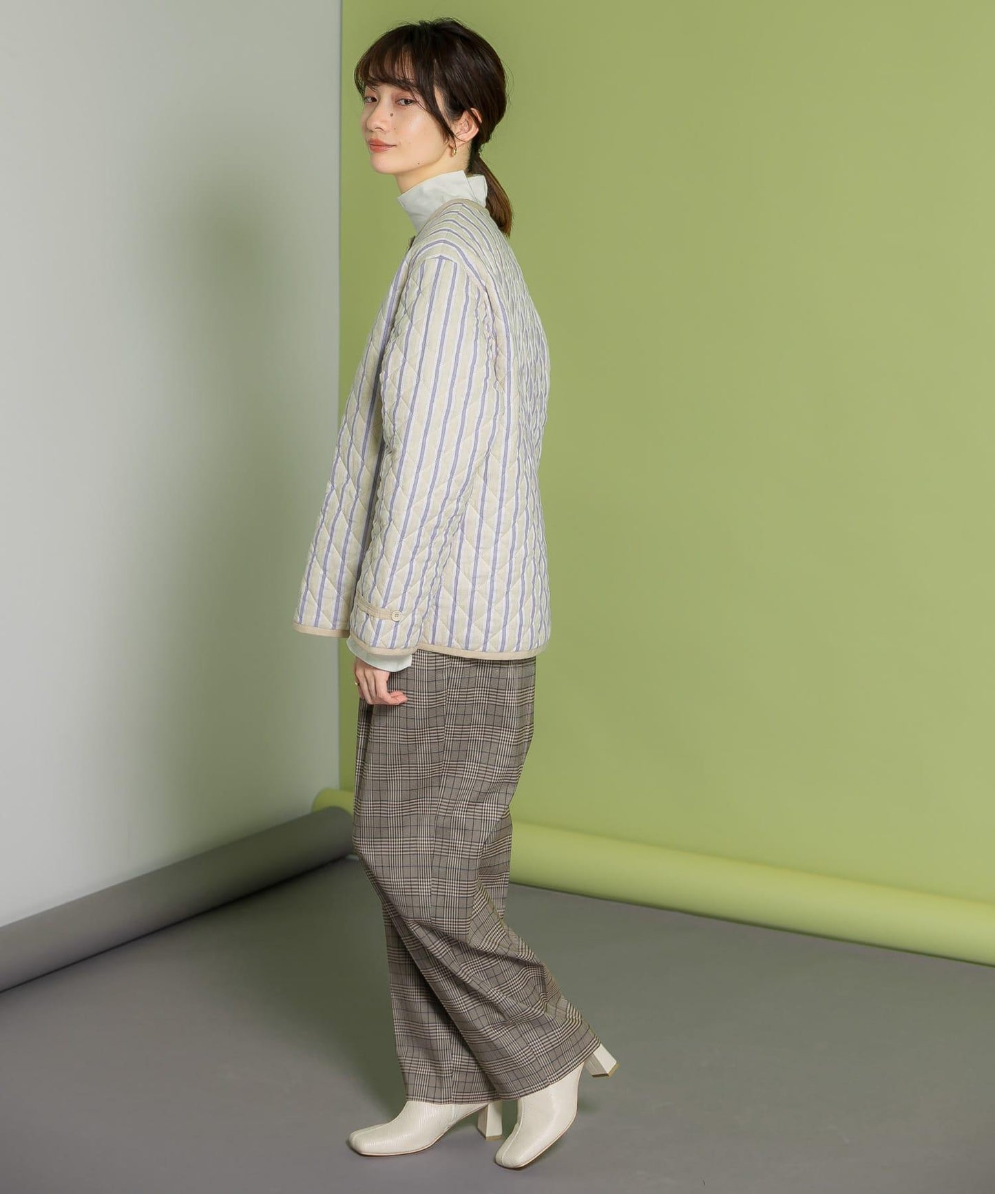 中線壓褶寬鬆格紋長褲