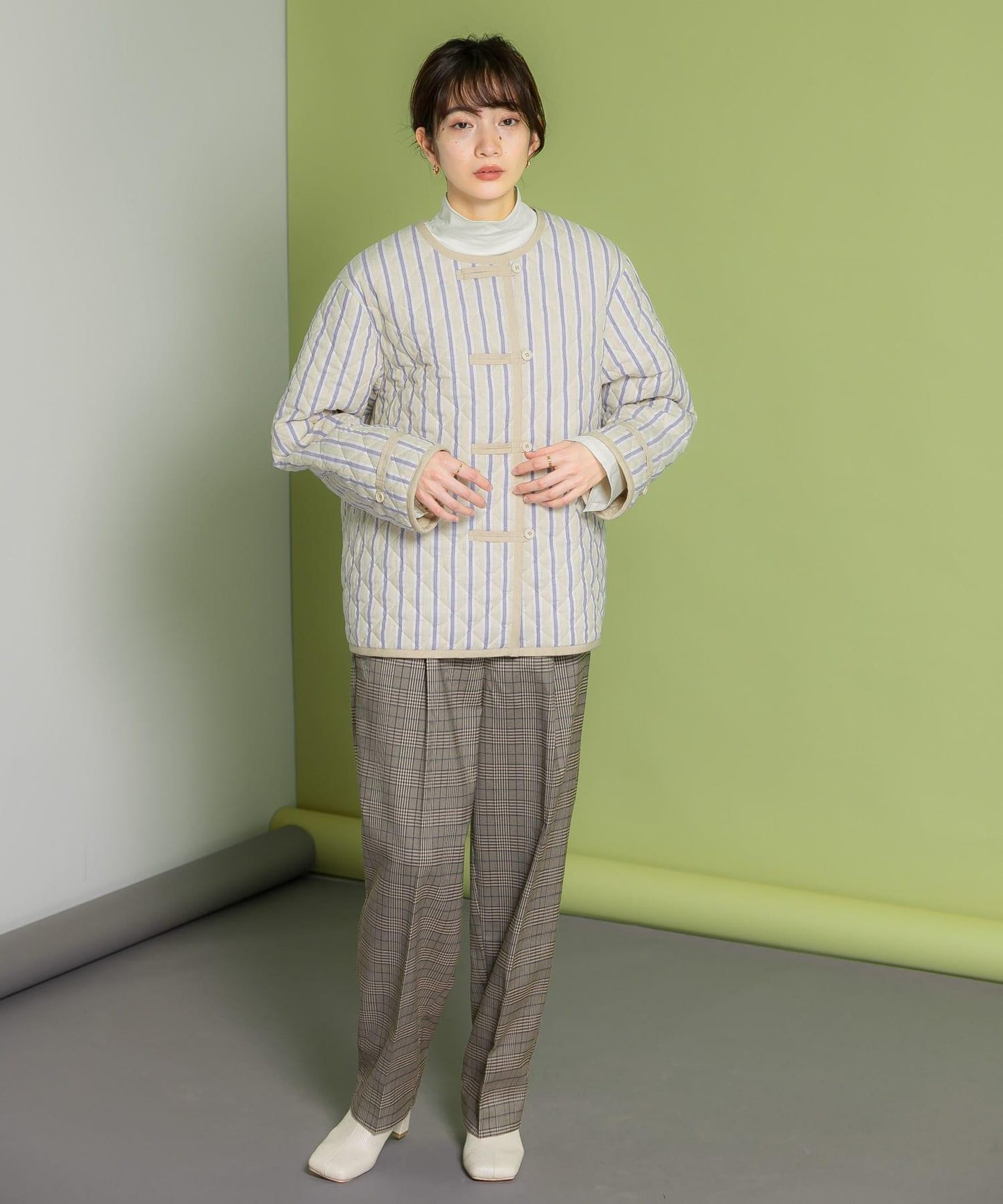 中線壓褶寬鬆格紋長褲