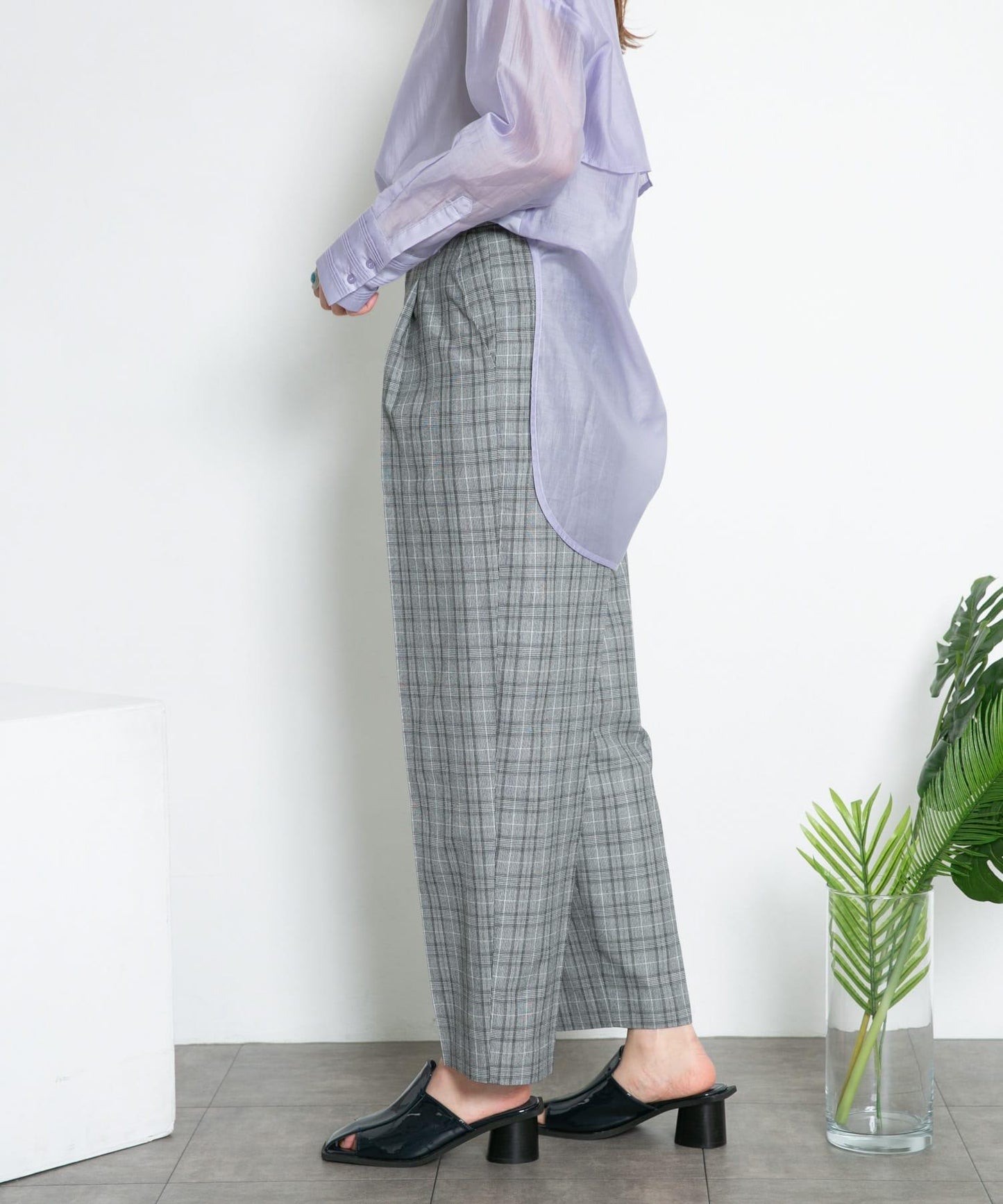 中線壓褶寬鬆格紋長褲