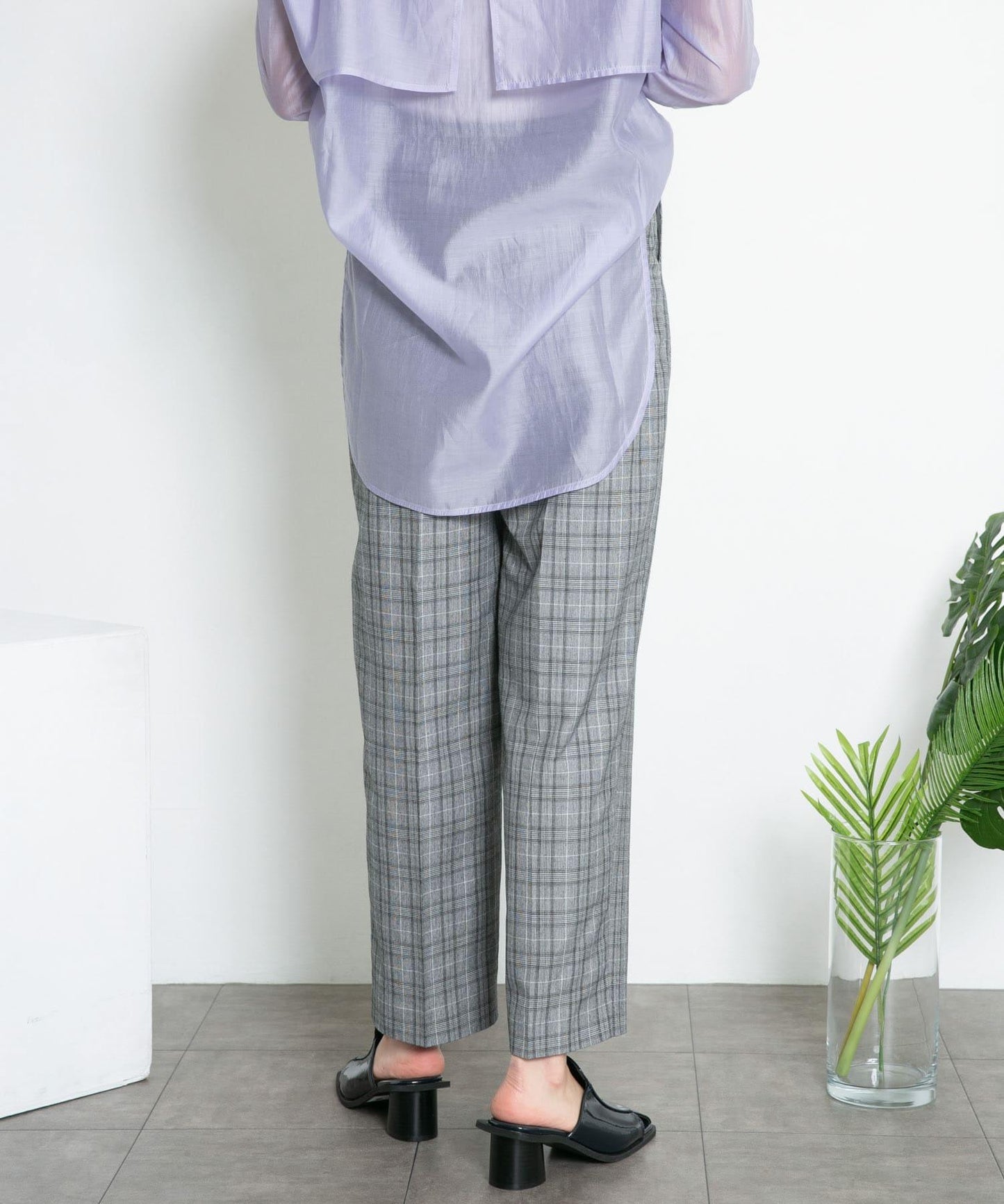 中線壓褶寬鬆格紋長褲