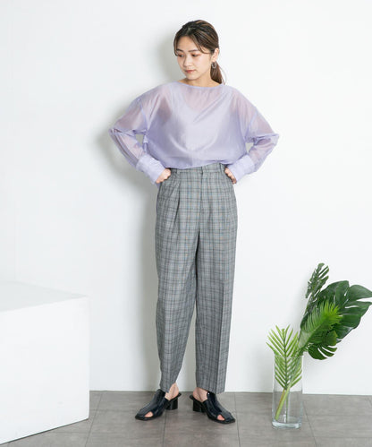 中線壓褶寬鬆格紋長褲