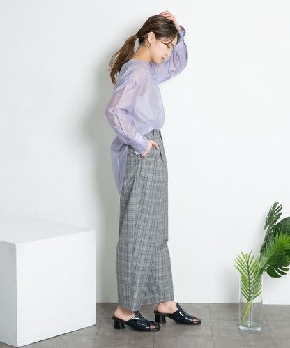 中線壓褶寬鬆格紋長褲