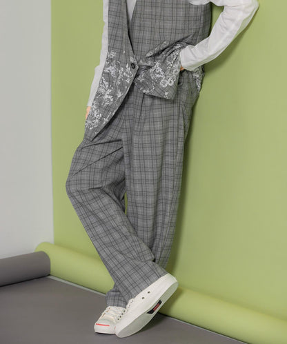 中線壓褶寬鬆格紋長褲