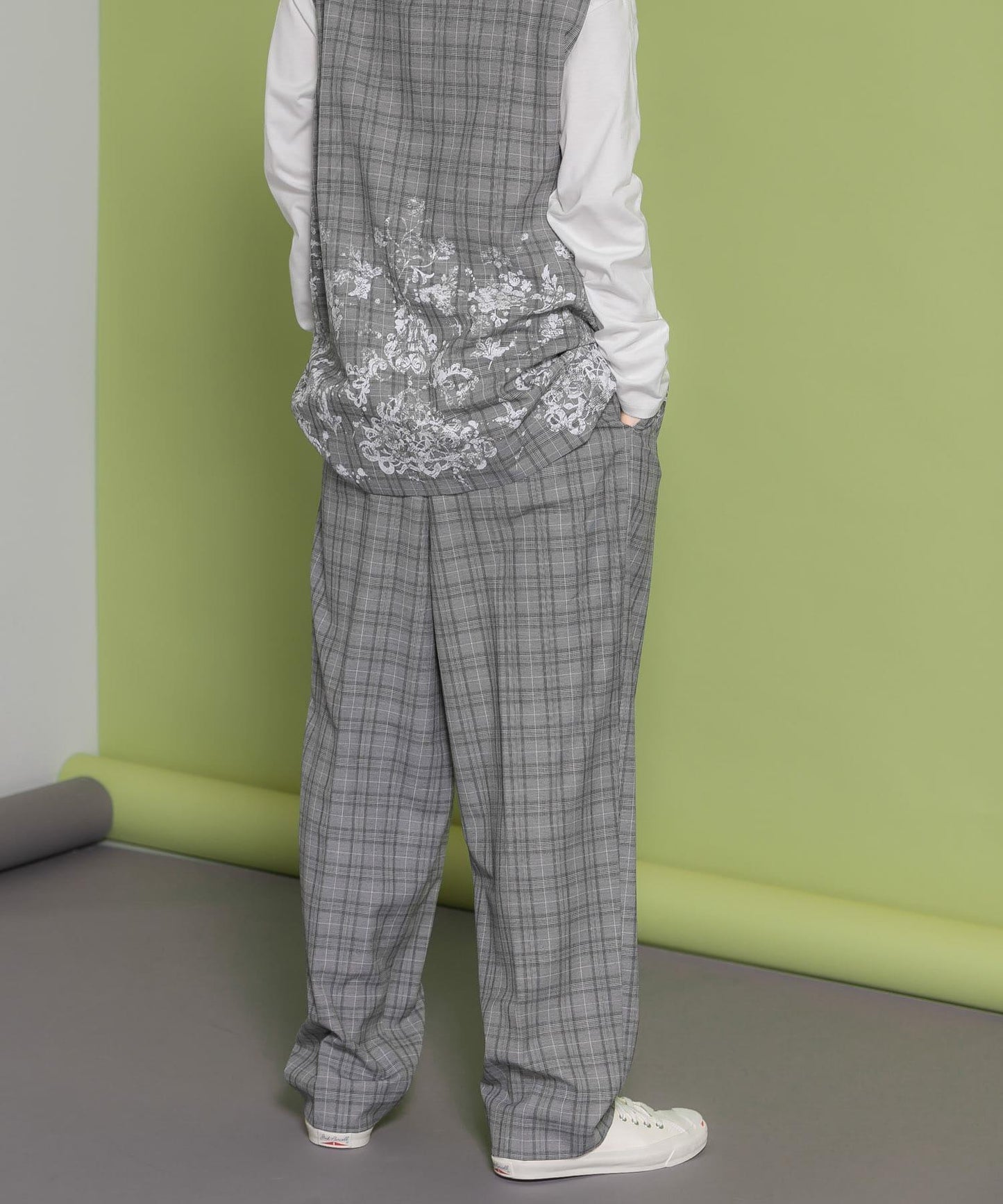 中線壓褶寬鬆格紋長褲