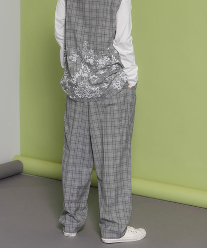 中線壓褶寬鬆格紋長褲