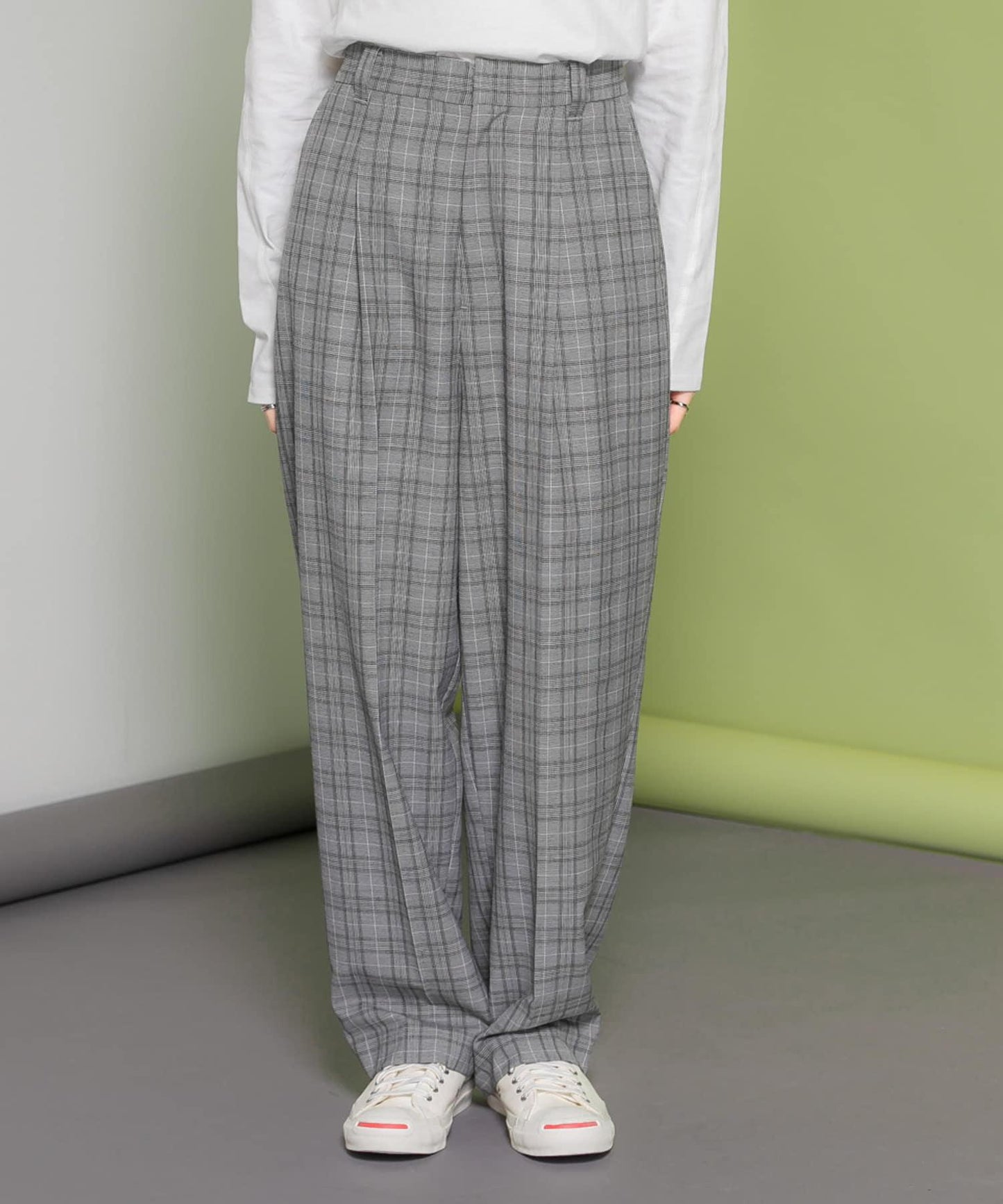 中線壓褶寬鬆格紋長褲