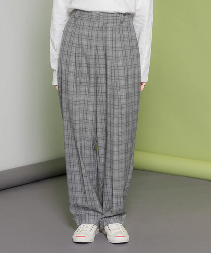 中線壓褶寬鬆格紋長褲