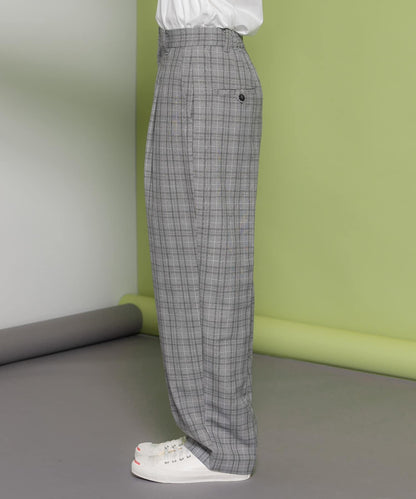 中線壓褶寬鬆格紋長褲