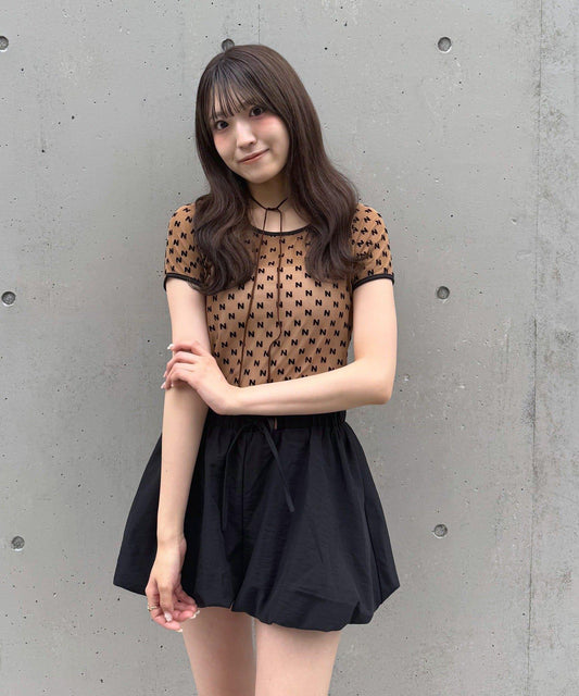 mline 半袖印花網紗上衣