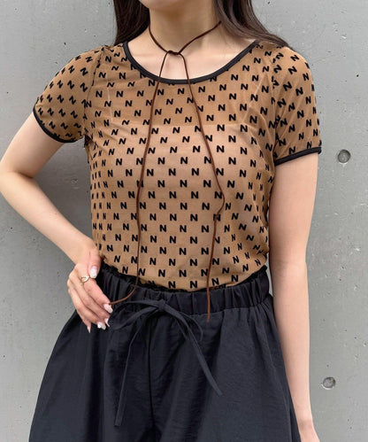 mline 半袖印花網紗上衣