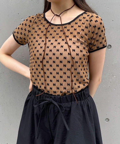 mline 半袖印花網紗上衣