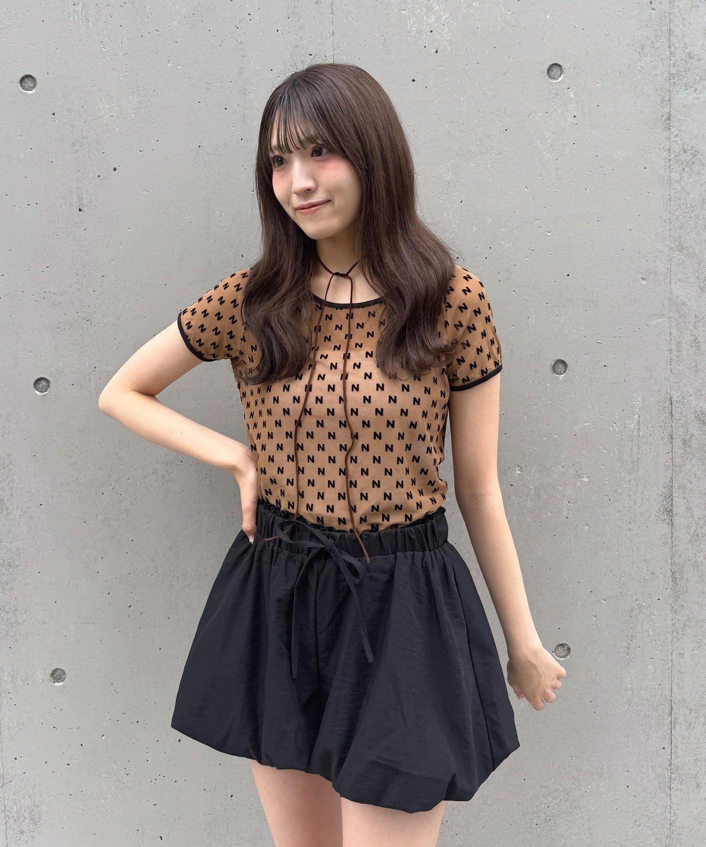 mline 半袖印花網紗上衣