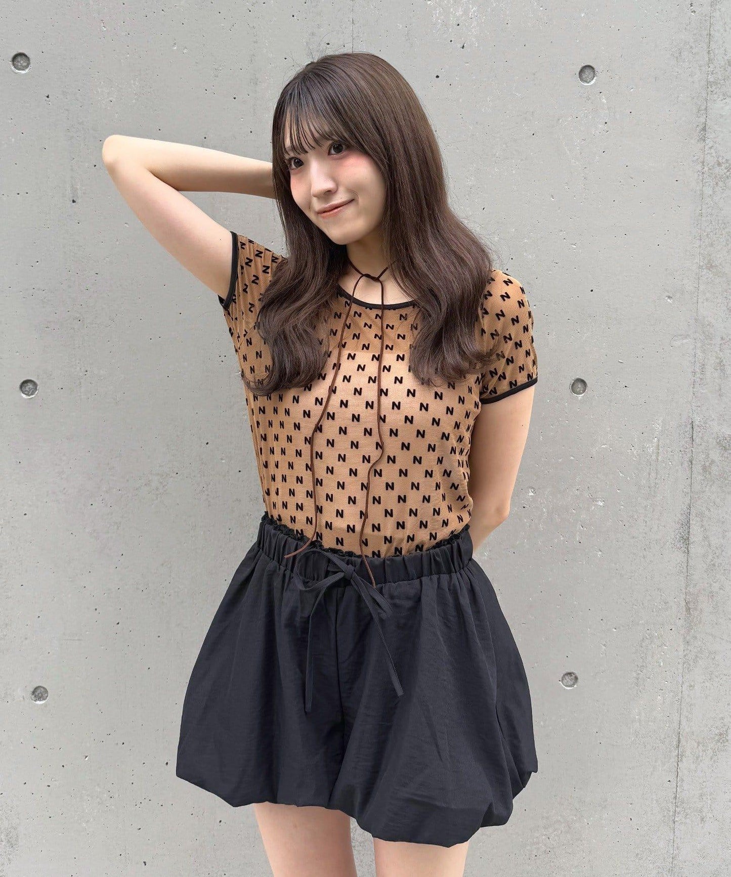 mline 半袖印花網紗上衣