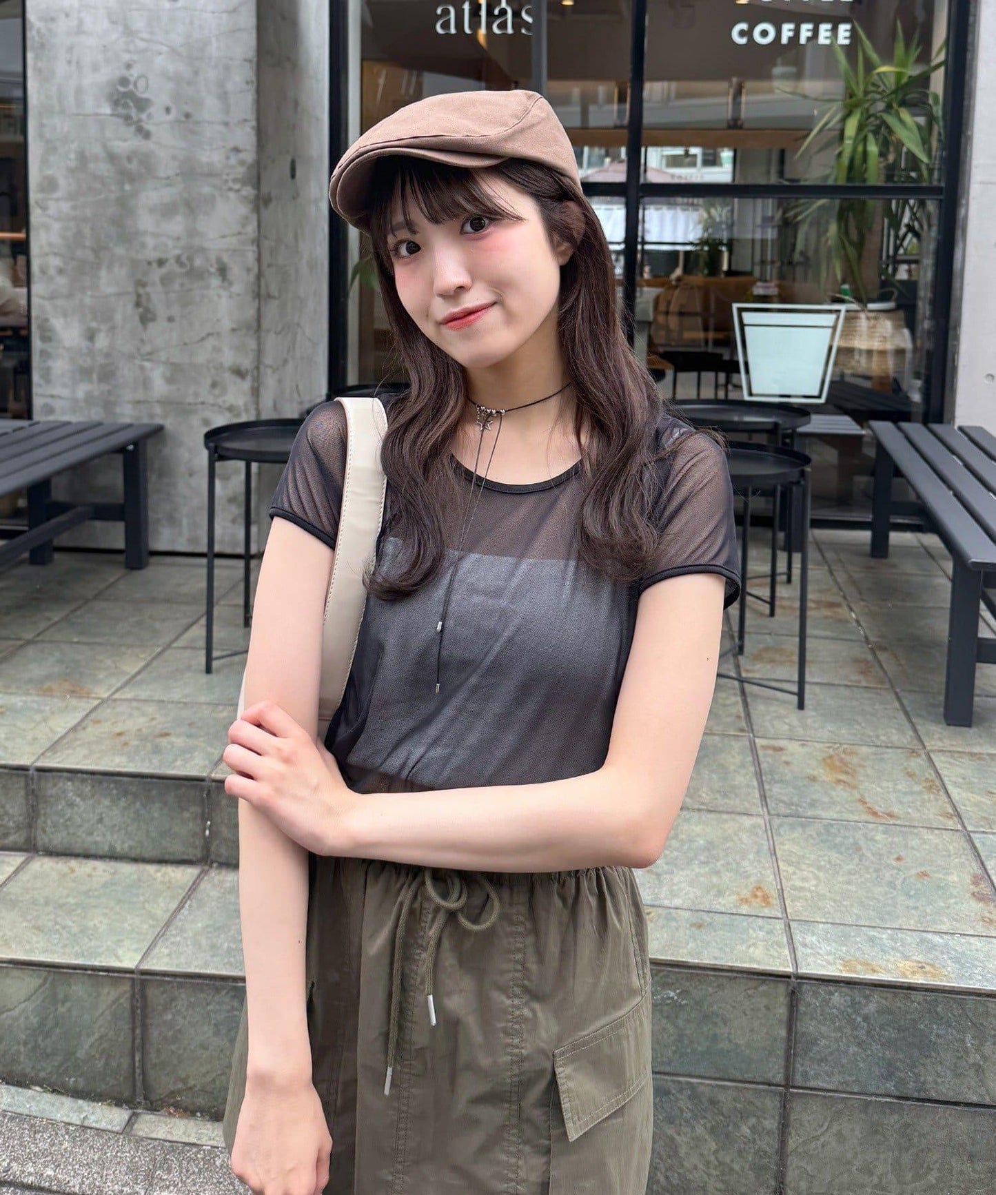 mline 半袖印花網紗上衣