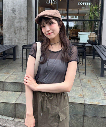 mline 半袖印花網紗上衣