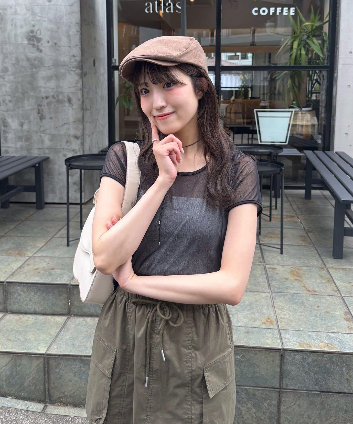 mline 半袖印花網紗上衣