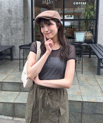 mline 半袖印花網紗上衣