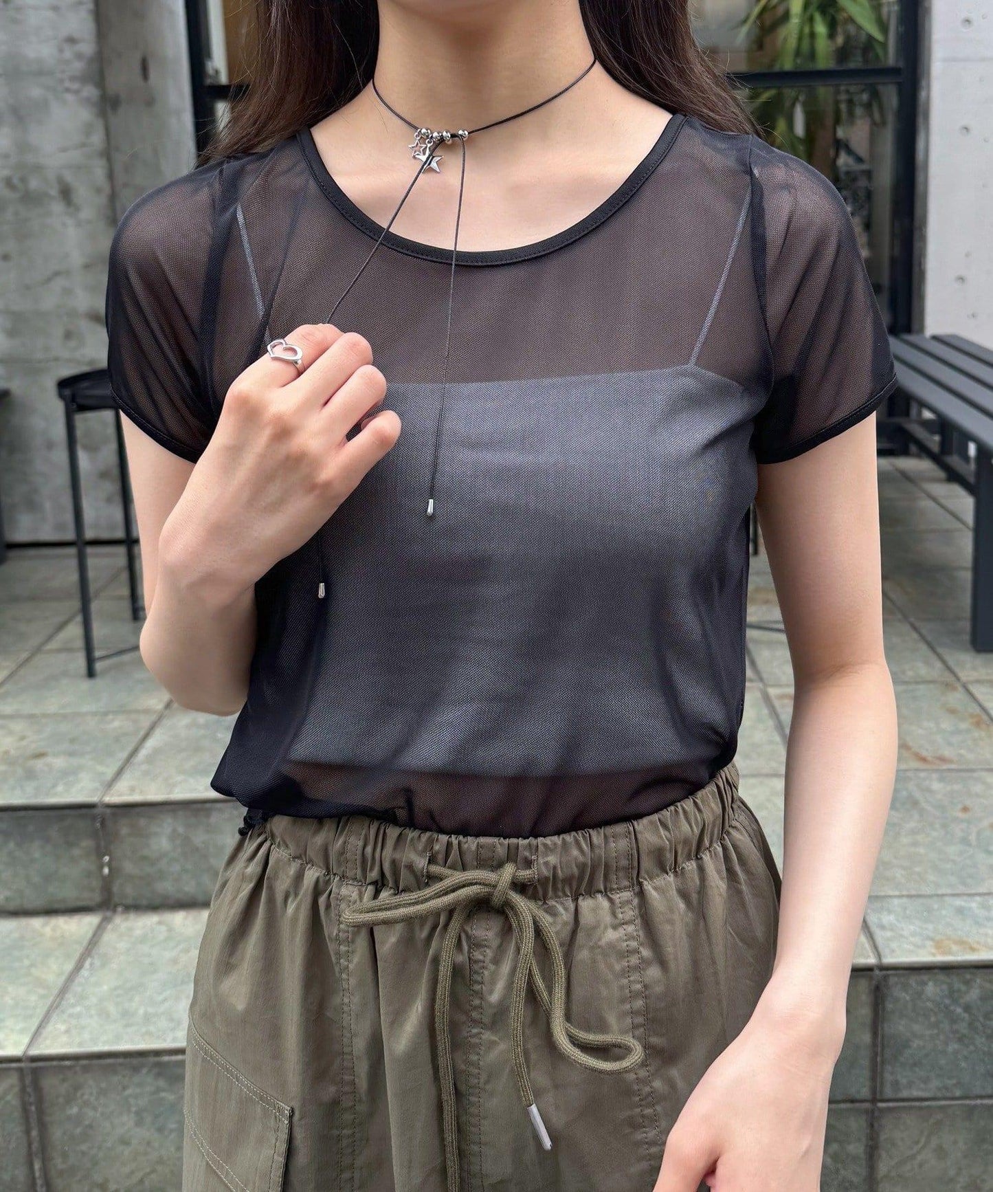 mline 半袖印花網紗上衣