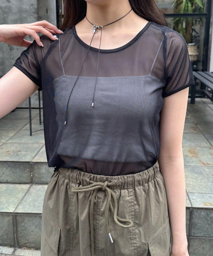 mline 半袖印花網紗上衣