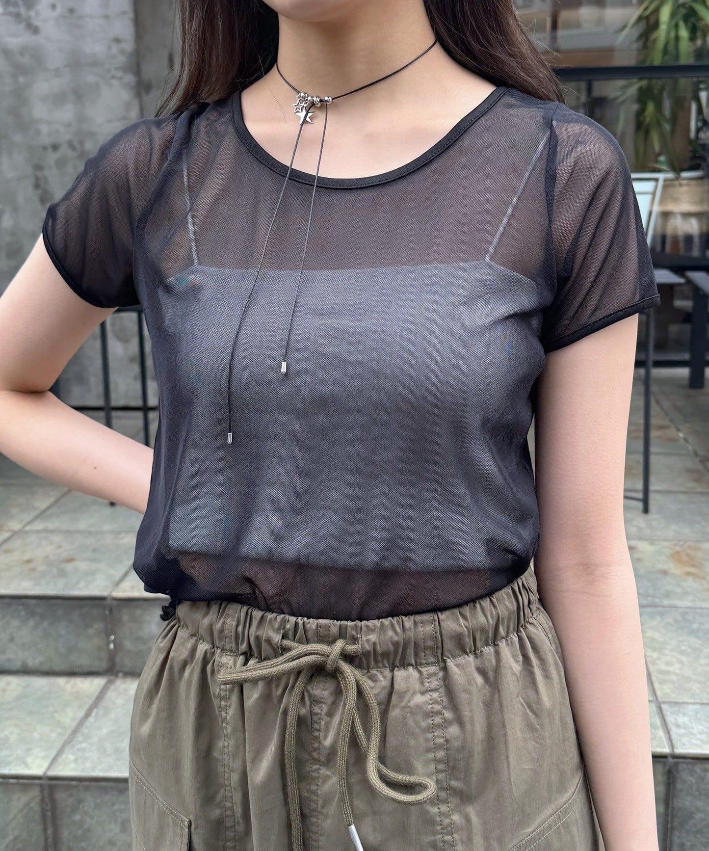 mline 半袖印花網紗上衣