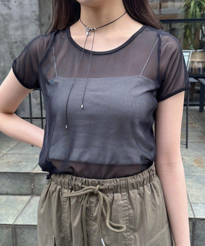 mline 半袖印花網紗上衣