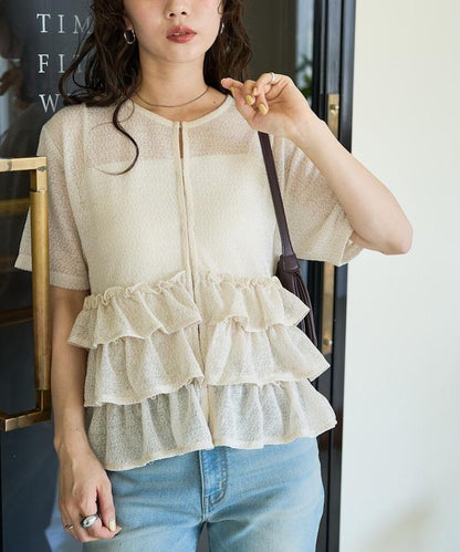 透明 閃光 蕾絲 褶邊 分層開衫