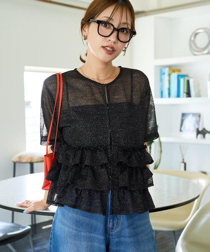 透明 閃光 蕾絲 褶邊 分層開衫