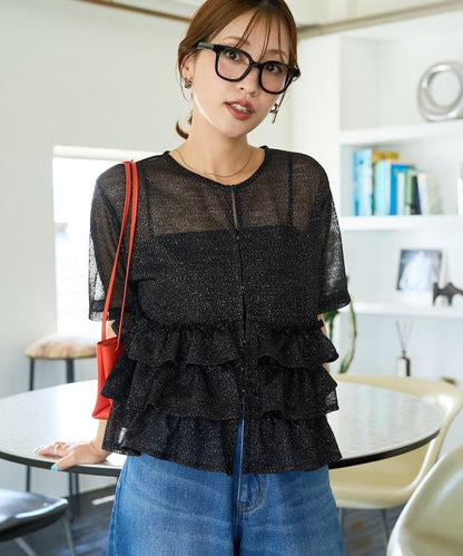 透明 閃光 蕾絲 褶邊 分層開衫