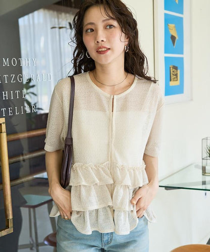 透明 閃光 蕾絲 褶邊 分層開衫