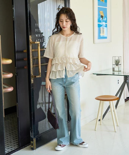 透明 閃光 蕾絲 褶邊 分層開衫