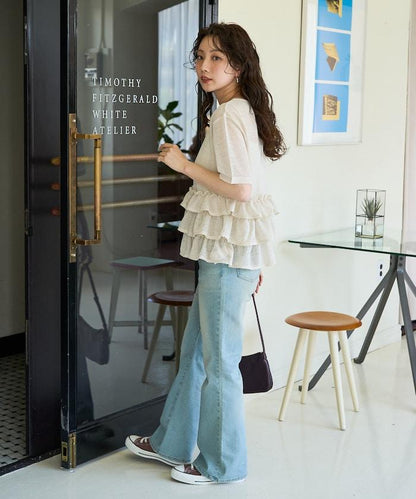 透明 閃光 蕾絲 褶邊 分層開衫