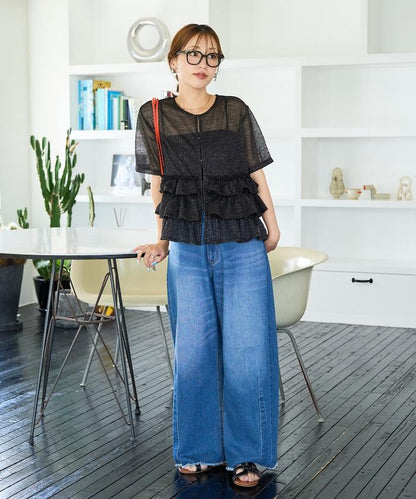 透明 閃光 蕾絲 褶邊 分層開衫