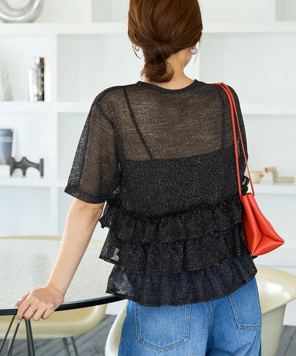 透明 閃光 蕾絲 褶邊 分層開衫