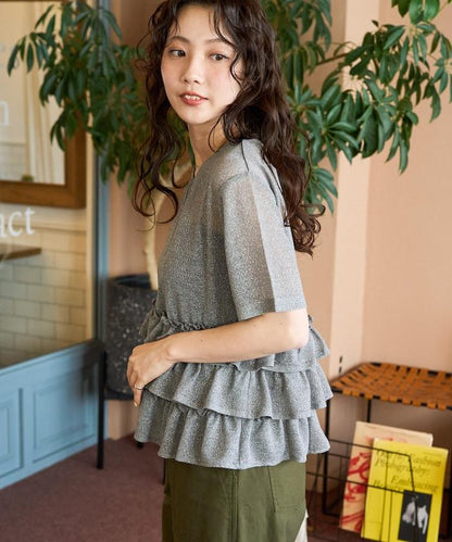 透明 閃光 蕾絲 褶邊 分層開衫