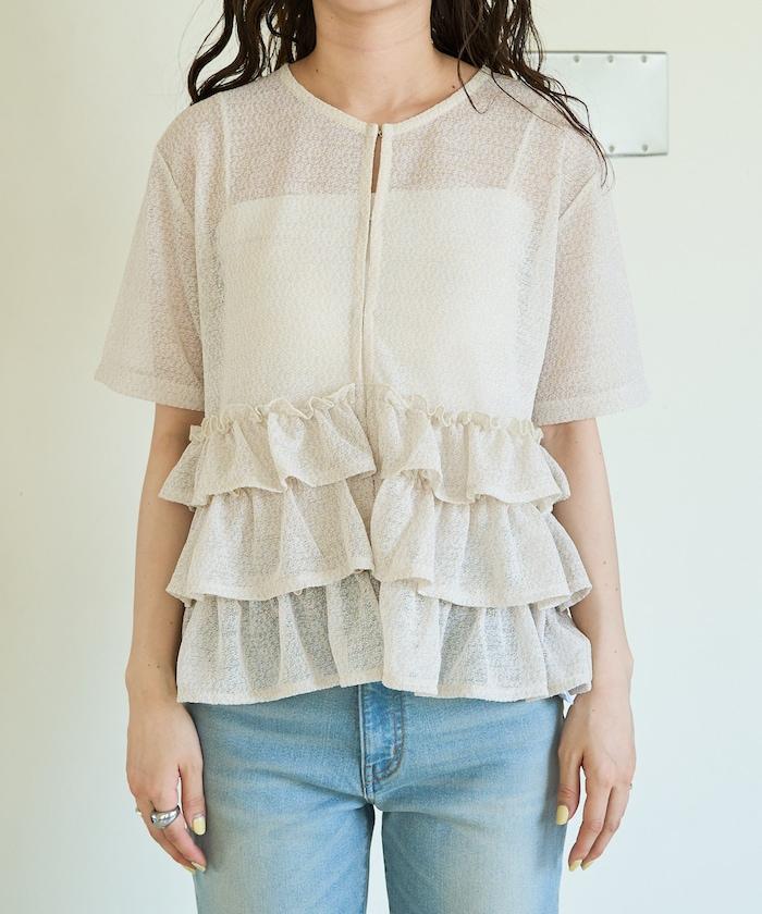 透明 閃光 蕾絲 褶邊 分層開衫