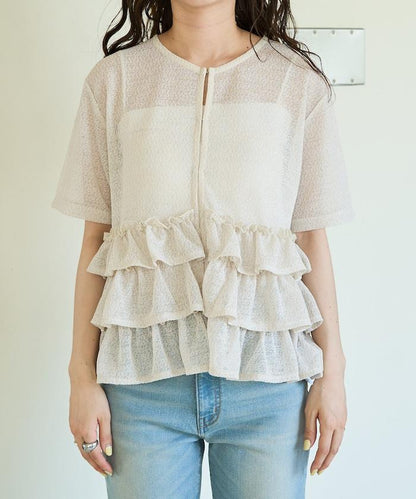 透明 閃光 蕾絲 褶邊 分層開衫