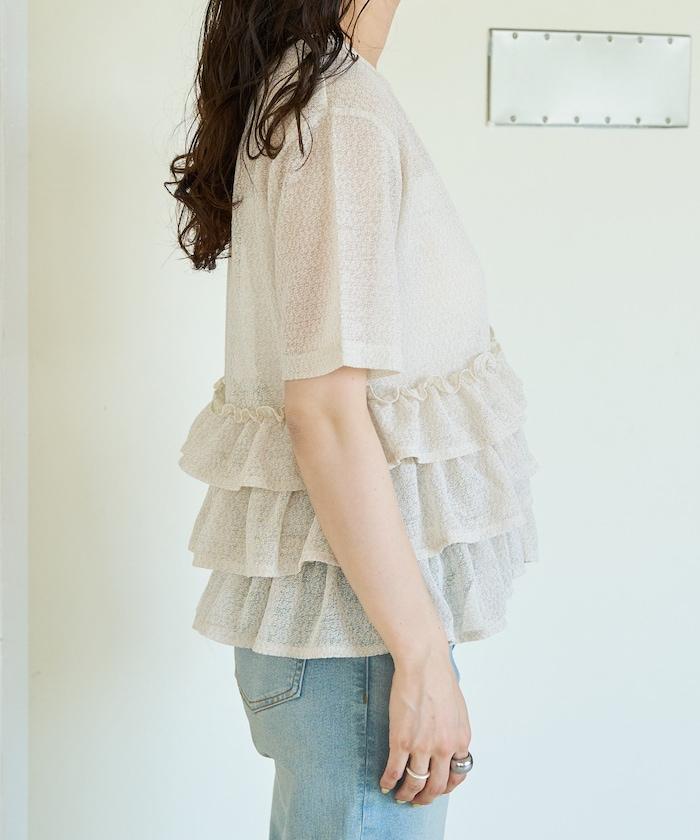 透明 閃光 蕾絲 褶邊 分層開衫