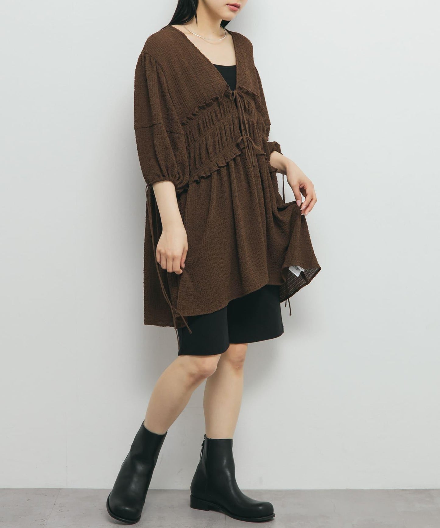 前繫帶蝴蝶結長款上衣