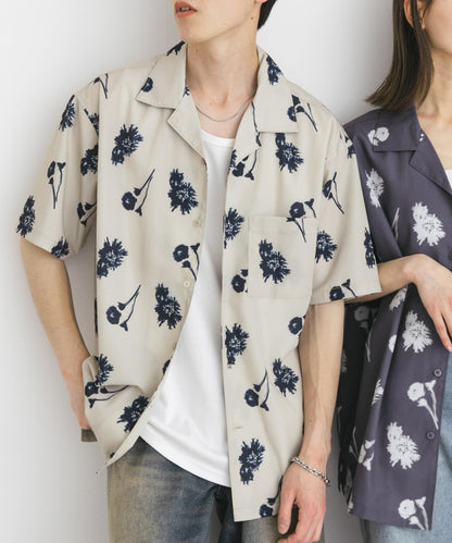 中性款植物印花開領短袖襯衫