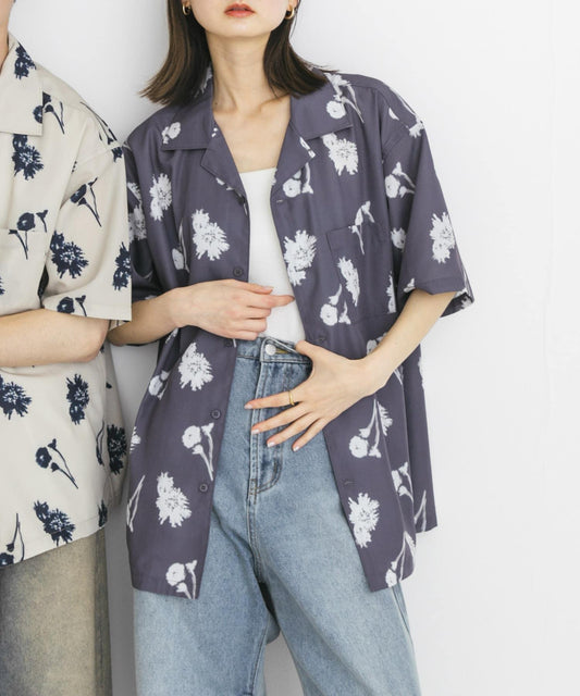中性款植物印花開領短袖襯衫