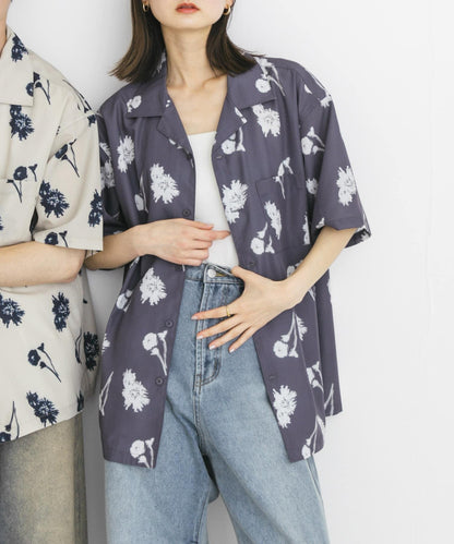 中性款植物印花開領短袖襯衫