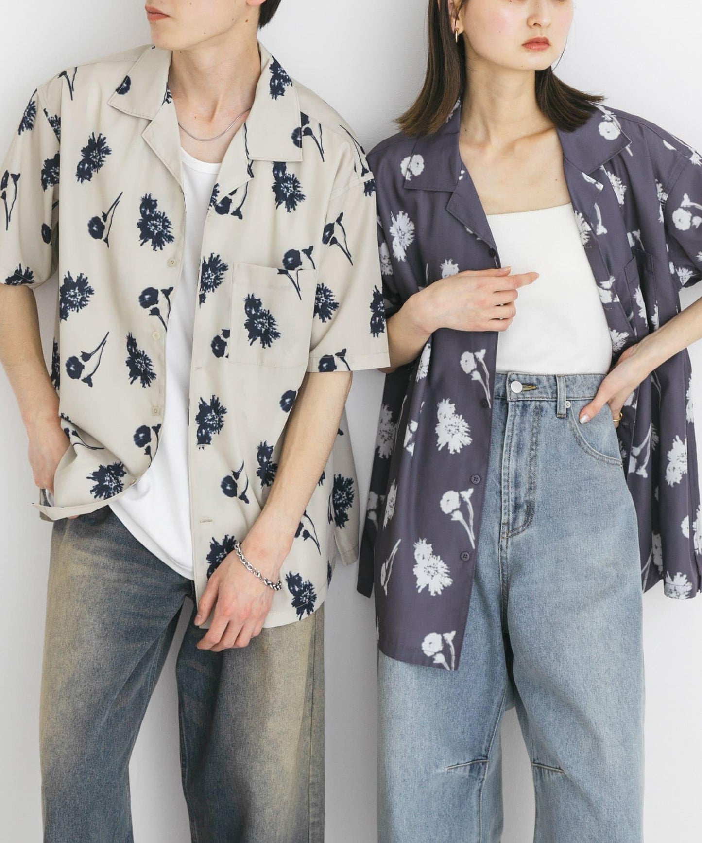 中性款植物印花開領短袖襯衫