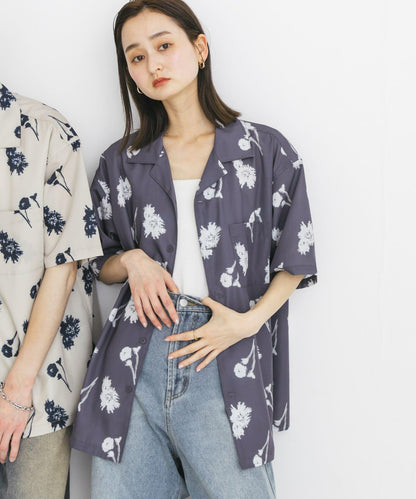 中性款植物印花開領短袖襯衫