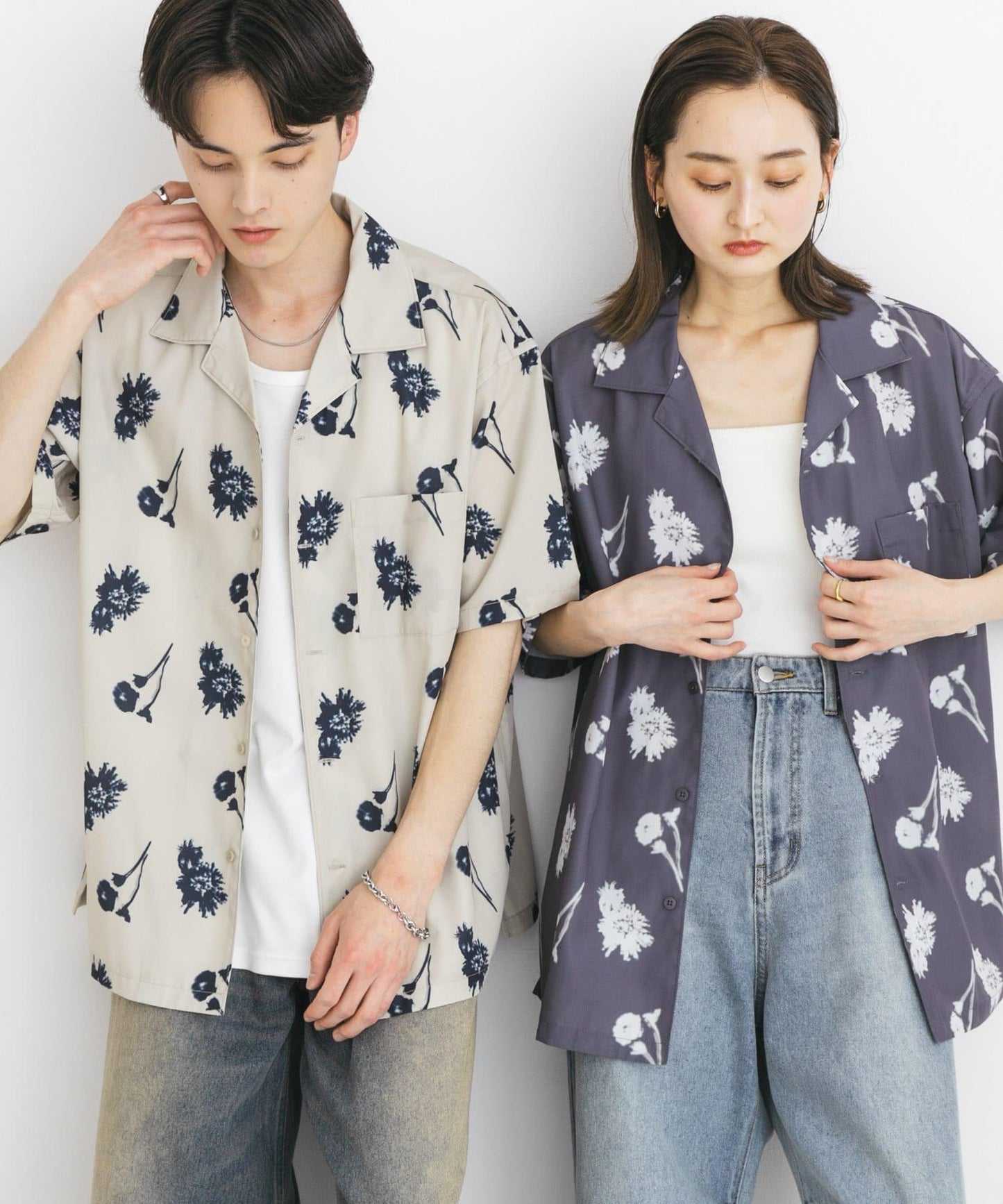 中性款植物印花開領短袖襯衫