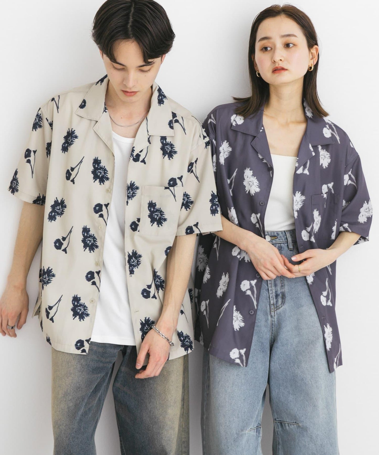 中性款植物印花開領短袖襯衫