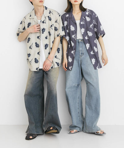 中性款植物印花開領短袖襯衫