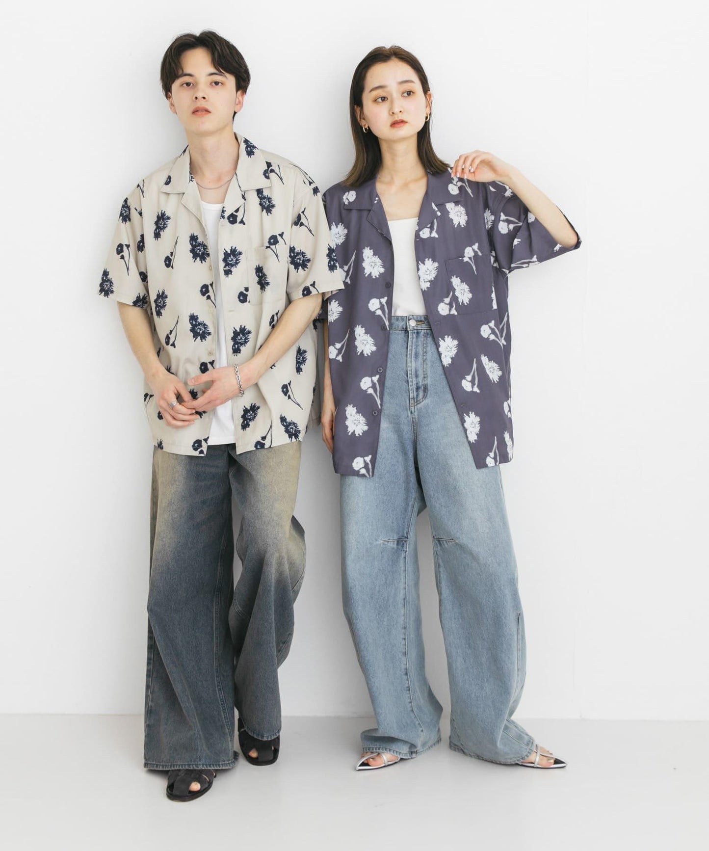 中性款植物印花開領短袖襯衫